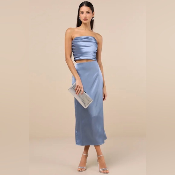 Lulus Dresses & Skirts - NWT Lulus Blue Strapless Satin Two-Piece Skirt Set Medium